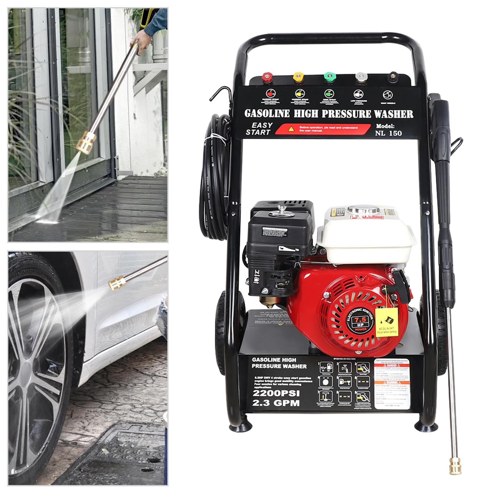 Limpiador de alta presión a gasolina 7.5HP Limpiador de alta presión térmica Lavador de alta presión de motor de gasolina 4 tiempos 5 boquillas con pistola, para limpieza de terrazas, aceras, porches