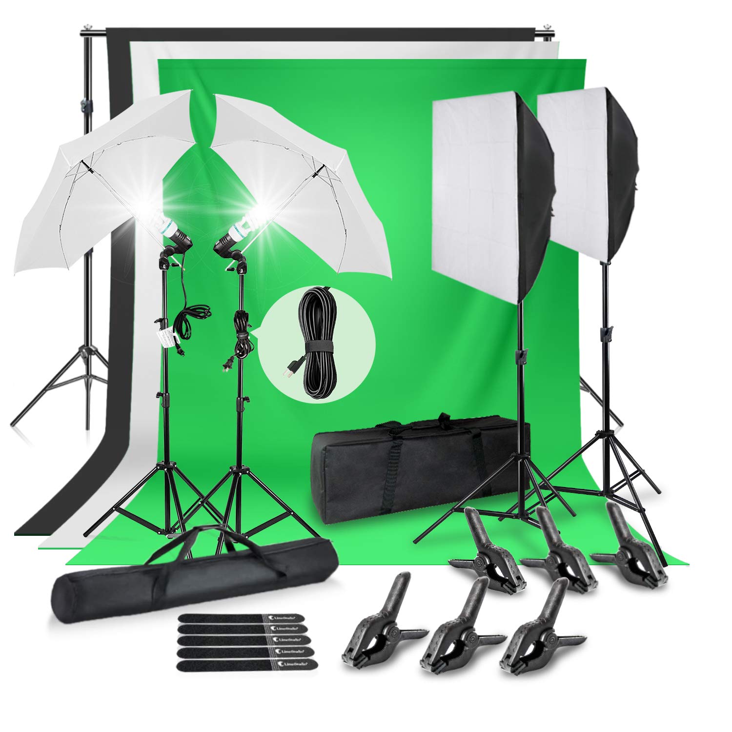 LimoStudio 10 x 9.6 feet Backdrop Stand Kit with 6 x 9 feet Background Muslin Green Black White, 800 Watt Output Umbrella and Softbox Lighting, Soft Box Light Diffuser and Reflector, AGG3119