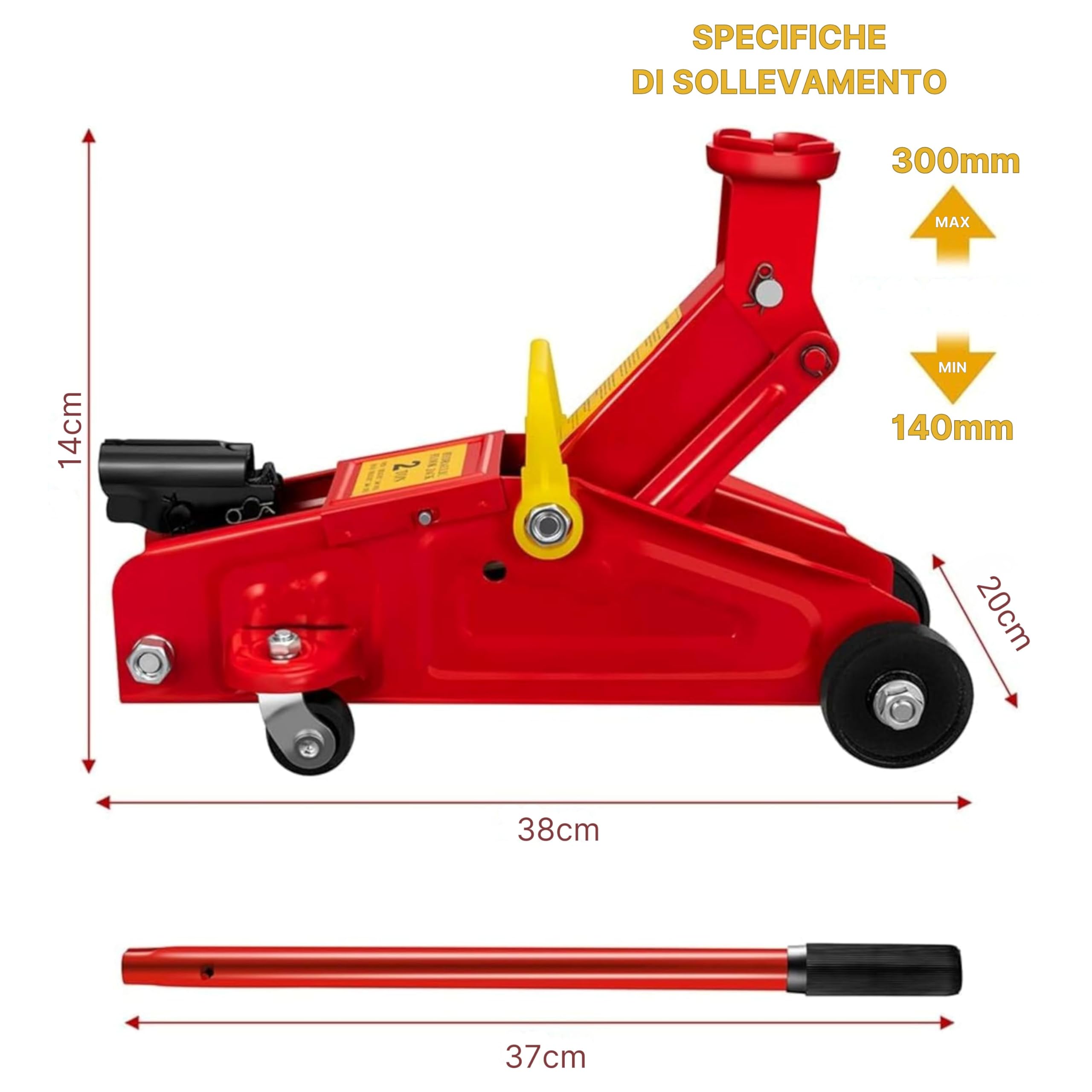 YASTA Cric Idraulico per Auto 2 Tonnellate, Martinetto Sollevatore per Veicoli in Garage e Officina, Ideale per Cambio Gomme e Manutenzione Fai Da Te