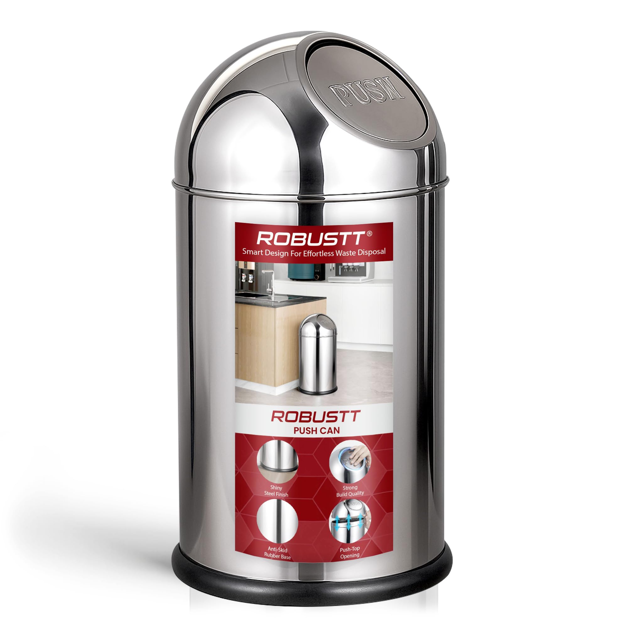 Robustt Stainless Steel Push Can Dustbin 30L | 11 (W) × 29.6 (H) In | Push Lid Trash Can for Bathroom, Kitchen, Bedroom & Office | Rustproof Steel Bin with Anti-Skid Base for Home & Commercial Use-image-3