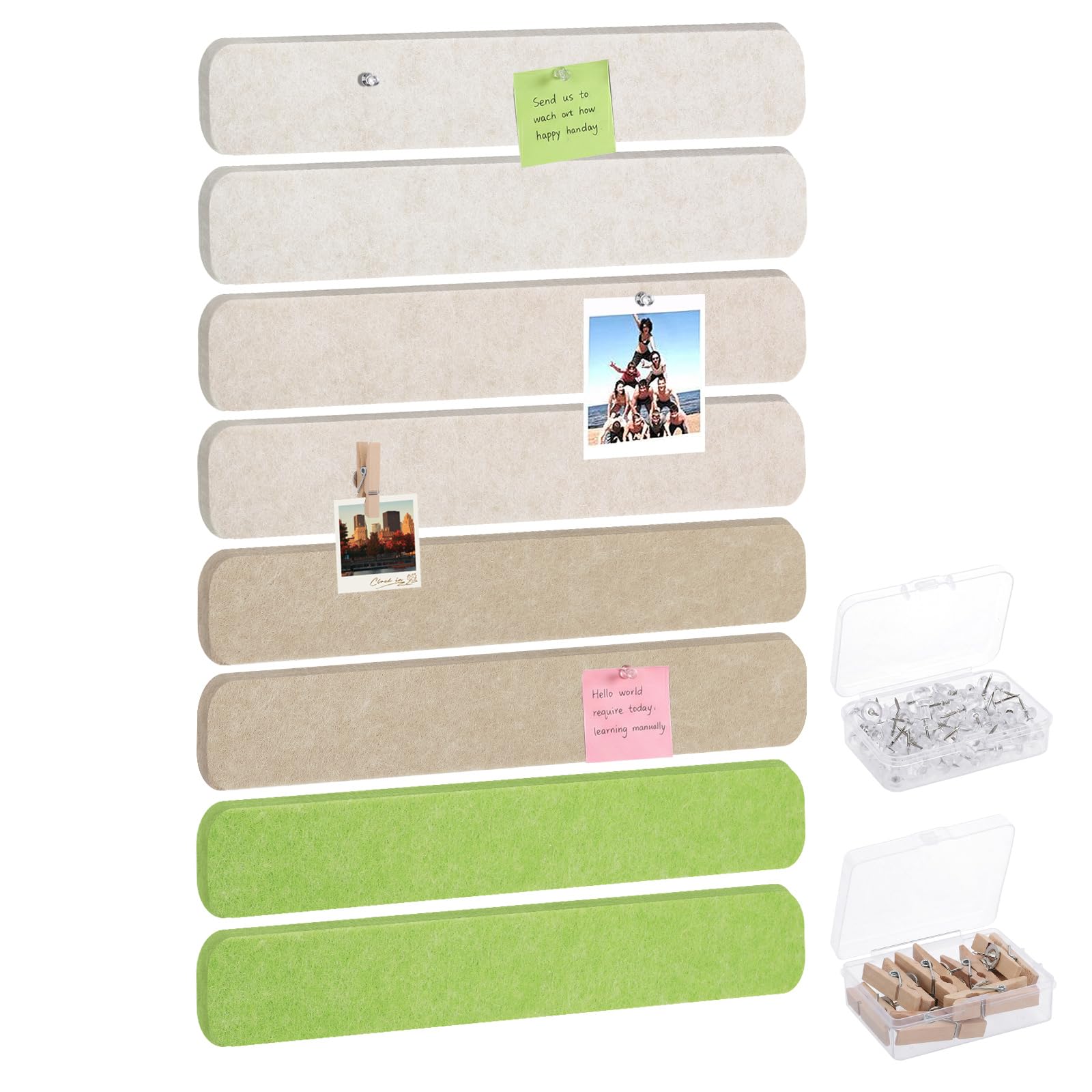 Thboxes 8 Pack Felt Bulletin Board Strips, 13x2 Inch Self Adhesive Felt Pin Boards with 50 Pushpins and 10 Wooden Clips Push Pins, Cork Board for Walls Home Office Decor(Camel Color Theme)