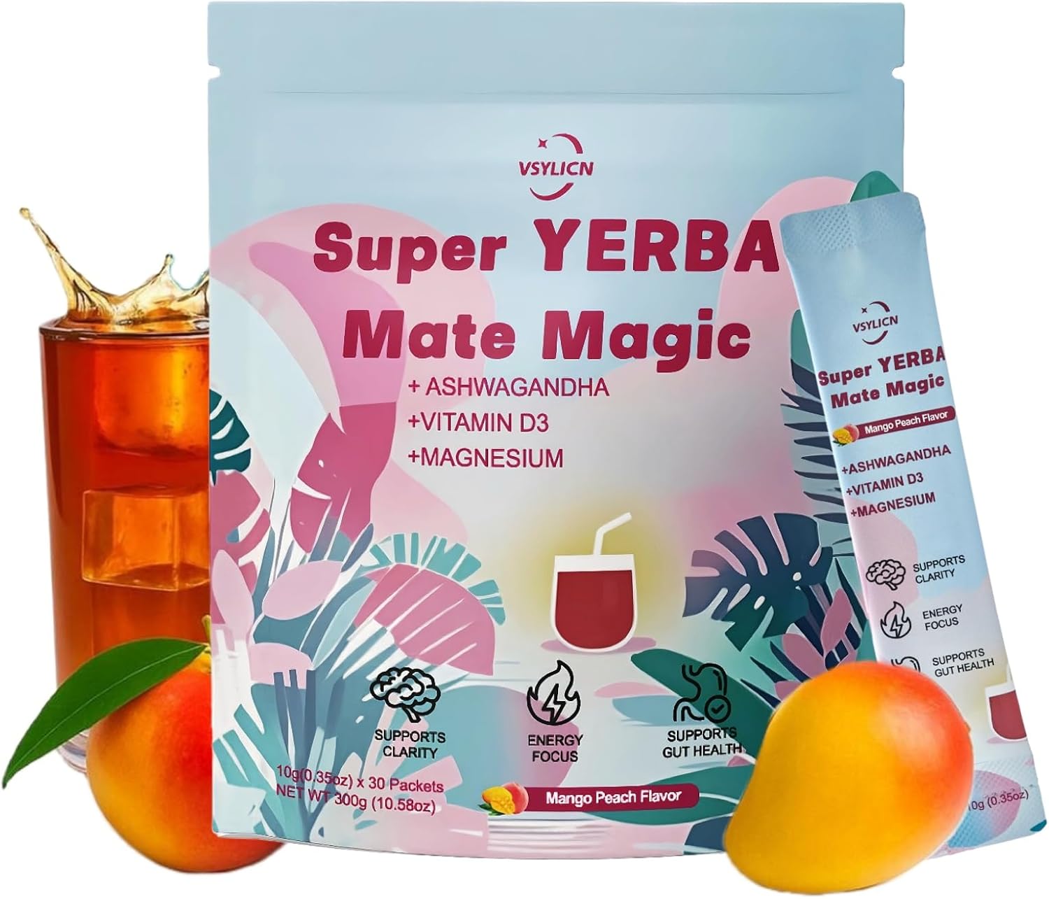 Yerba Mate Tea w/Ashwagandha, Magnesium & Vitamin D3, Yerba Magic Instant Tea Powder – Coffee Alternative – Clean Energy, Brain Fog Buster, and Gut Health – 30 Individually Bags – 1 Month Supply