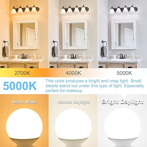 Miniatura 3 de Paquete de 8 bombillas LED G25 para baño, luz diurna de 5000 K, base E26, equivalente a 60 W, bombillas redondas de 5 W, 500 lm, CRI 85+, no