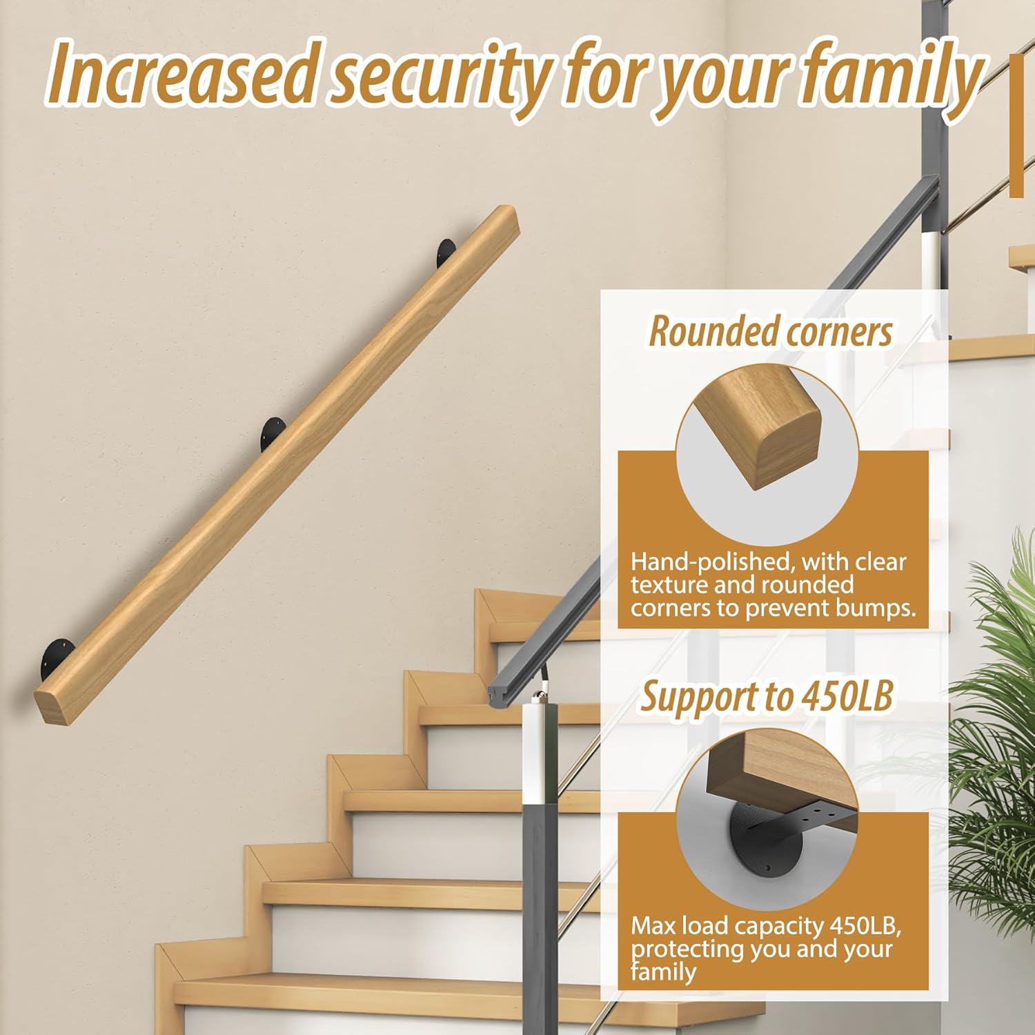 2FT Wooden Stair Handrails,Hand Railings for Stairs Indoor Outdoor Wall Mount Support Wood Handrails,Non-Slip Sturdy Staircase Handrail Safety Grab Bar Rod Complete Kit for Home,Lofts,Guardrail