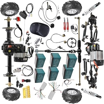 Complete 4WD/FWD Go Kart Kit with 48V 1000W Brushless Differential Motor, 30" Rear Axle, 12V Batteries, Wheels, Suspension, Brakes & Seat for ATV, Quad, Drift Trike, Golf Cart