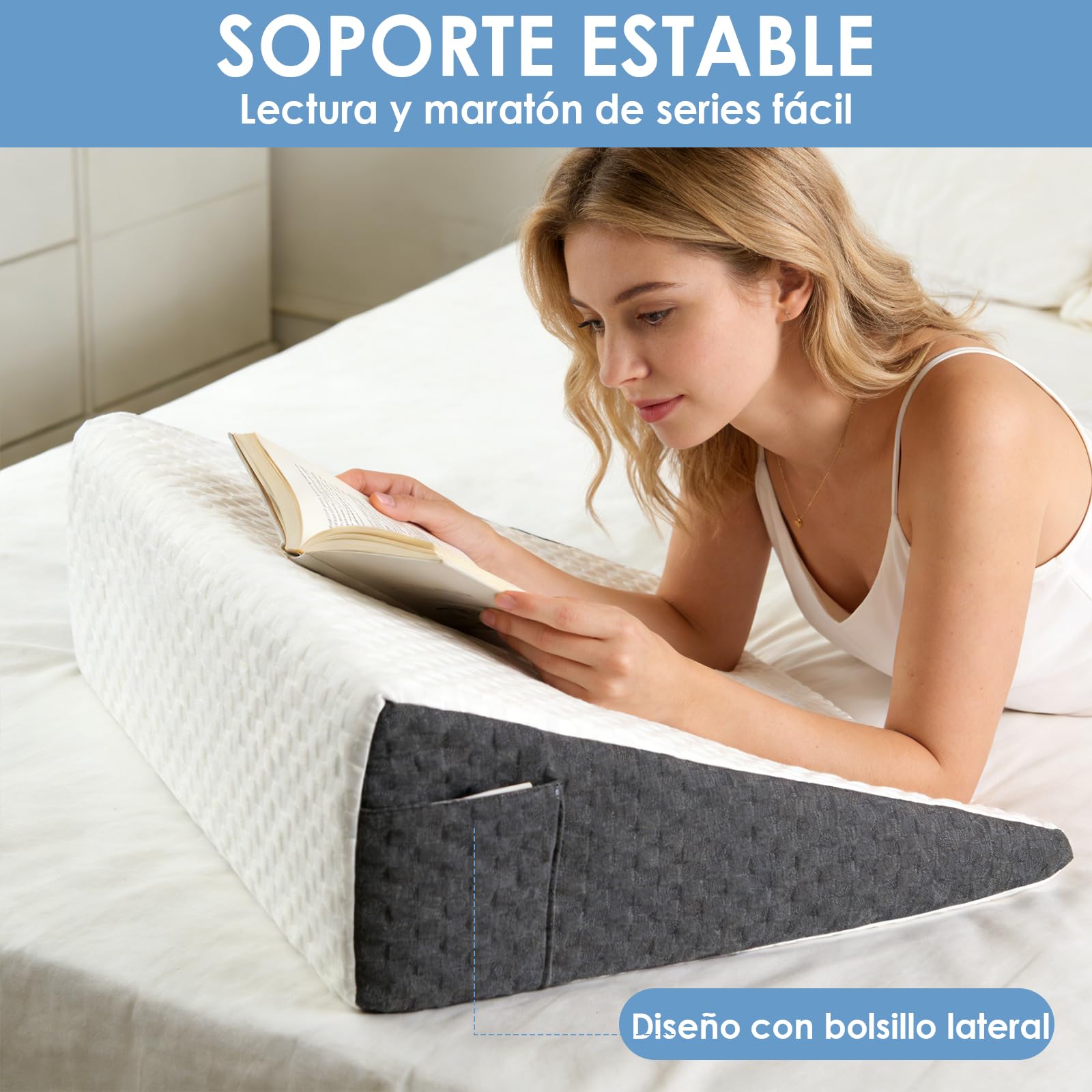 Cuña Antireflujo Adulto, Cojin Lectura Cama, Almohada Cuña, Soporte para La Espalda y Elevador de Piernas con Forma Triangular, para Cama y Sofá