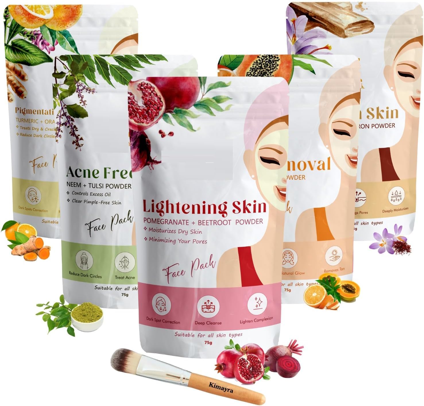Skin Care Combo Powder (granat + burak, miodła + Tulsi, pomarańcza + papaja, kurkuma + pomarańcza, drzewo sandałowe + szafran) - zestaw puder do twarzy do naturalnej świecącej skóry - 375 g (75 g x 5
