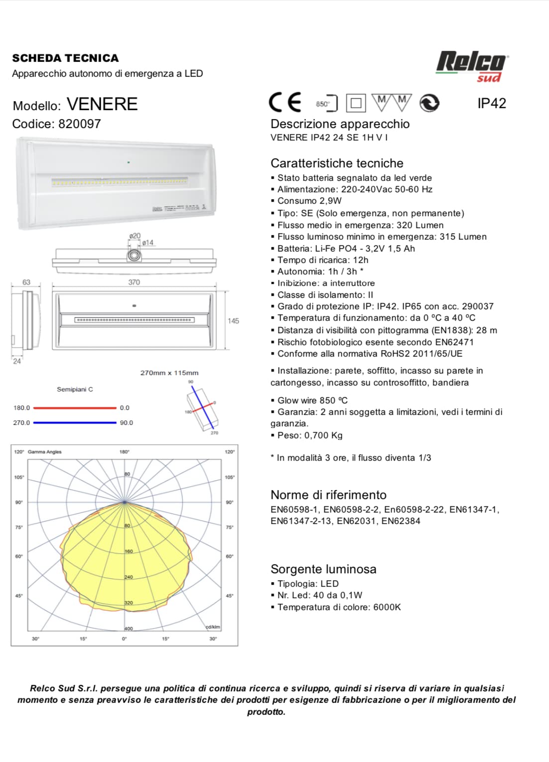 relco Lampada emergenza 40 LED Venere 24watt IP42 SE 1h (3h)