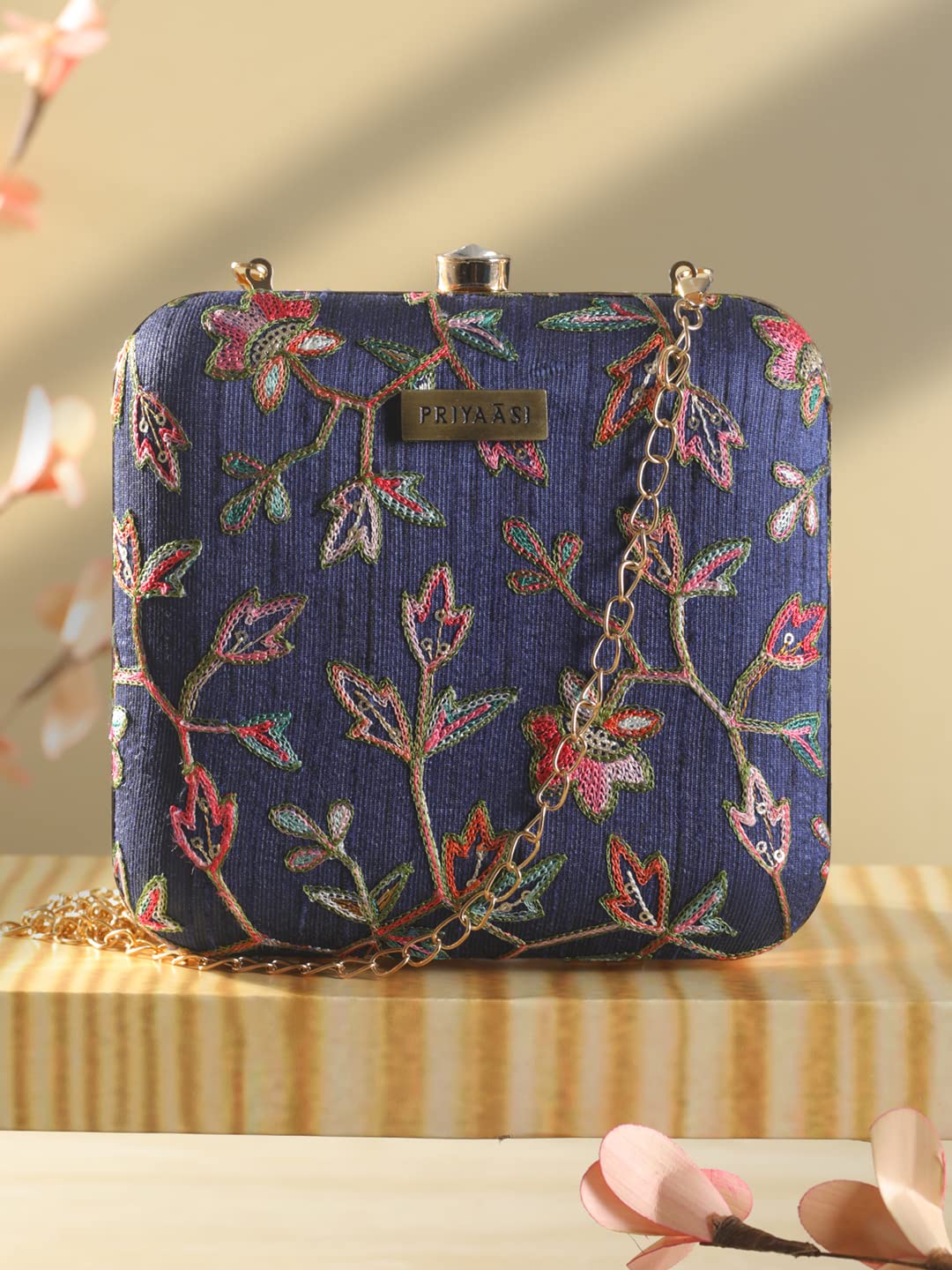 Priyaasi Blue Floral Thread Charm Clutch Bag for Women's - Stylish, Trendy, Casual Hand Purse with Shoulder Chain Strap for Office, College - Image 4 thumbnail