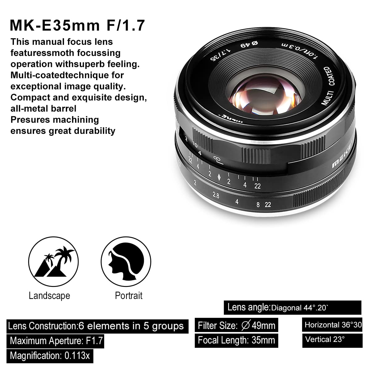 Meike 35mm F1.7 Large Aperture Manual Prime Fixed Lens APS-C for Sony E-Mount Digital Mirrorless Cameras A7III A9 NEX 3 3N 5 NEX 5T NEX 5R NEX 6 7 A6400 A5000 A5100 A6000 A6100 A6300 A6500