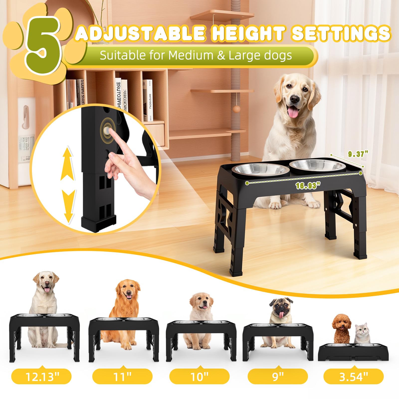 Gamelles surélevées pour chien à 5 hauteurs réglables en hauteur avec 2 gamelles de nourriture pour chien en acier inoxydable - Support antidérapant - Réglable à 9 cm, 22,9 cm, 25,4 cm, 27,9 cm, 30,8