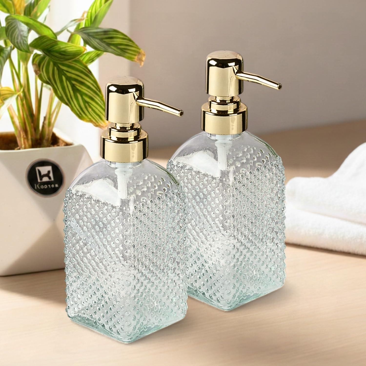 Kookee Glass Soap Dispenser with Stylish Refillable Pump Bottle for Bathroom Handwash & Kitchen Wash Basin, Perfect for Hand Soap, Lotion and More, Transparent (Set of 2) (12138)-picture-12