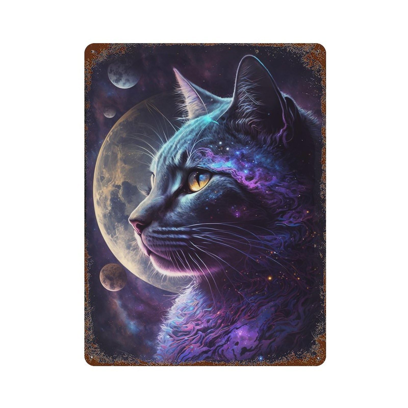 Rustic Tin Plaque Cosmic Cat Portrait-8 15.7"x11.8", Vintage Wall Decor for Pub, Kitchen And Man Cave Decor