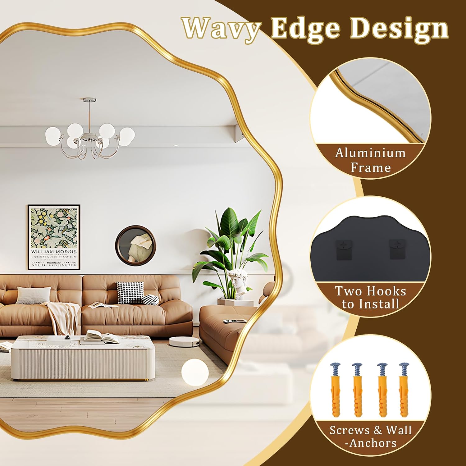 30 Inch Scalloped Round Wall Mirror, Gold Wavy Edge Frame Circle Mirror for Bathroom, Bedroom, Entryway, Living Room for Wall Decor