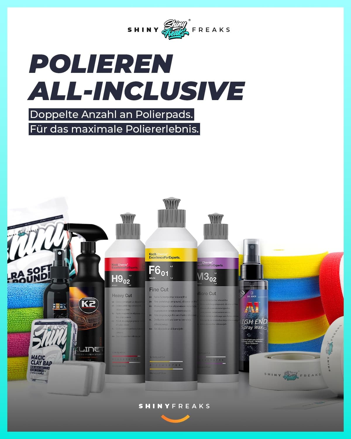 Poliermaschinen Set: chemicalworkz DA21 Pro Exzenter Poliermaschine + Koch Chemie Politur Set + Royal Pads Premium Polierpads + Dr. Wack Versiegelung für Lack + Zubehör | 20-teilig