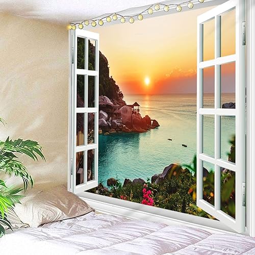 Miniatura 1 de Homiest Tapiz para colgar en la pared, diseño de paisaje natural para relajarse, vacaciones, cielo, montaña, agua, horizonte, tapices de ventana