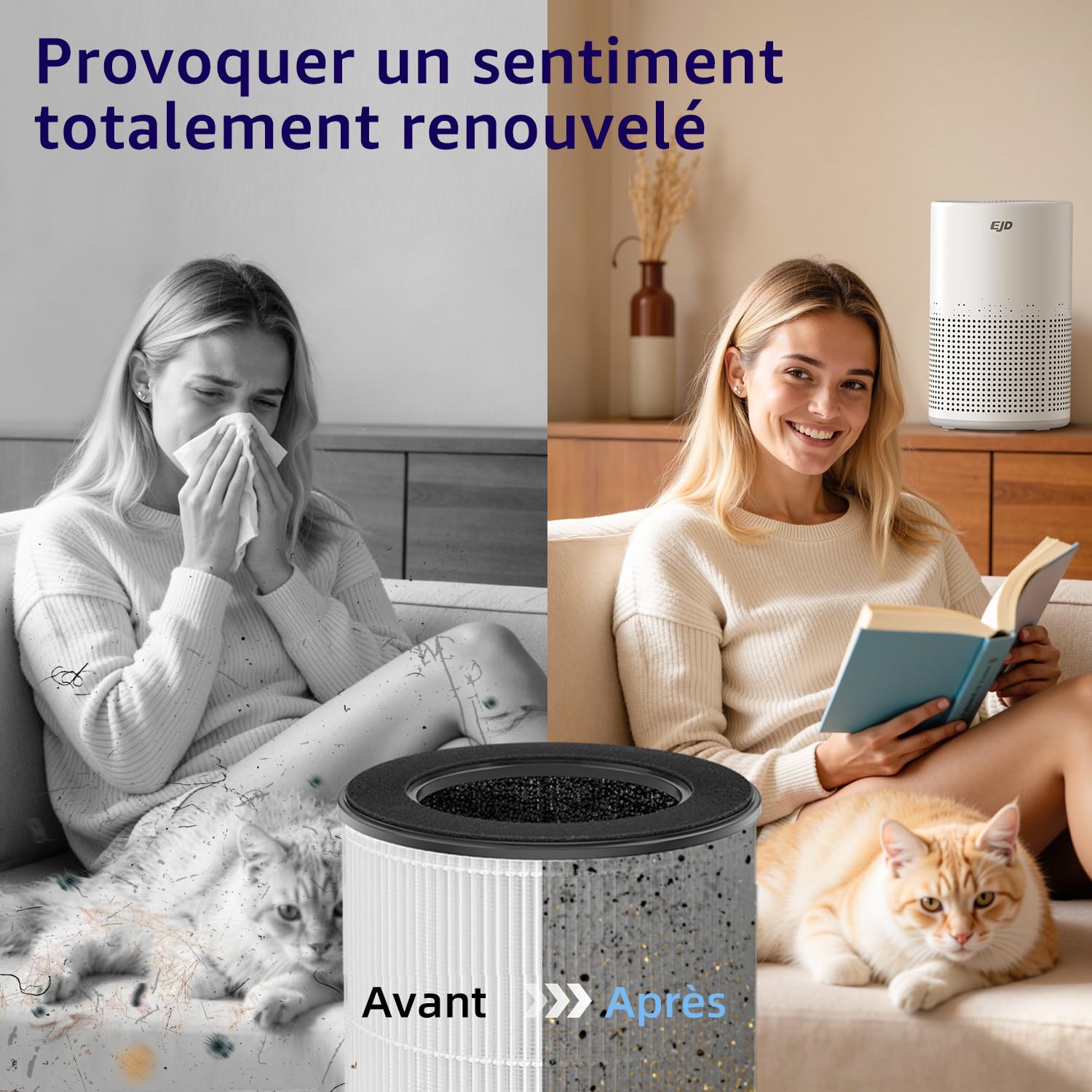Purificateur d'air silencieux pour chambre à coucher, filtre HEPA H13 à 3 niveaux, 3 vitesses, mode nuit (12 dB) pour éliminer le pollen, la poussière, les squames d'animaux et les odeurs.