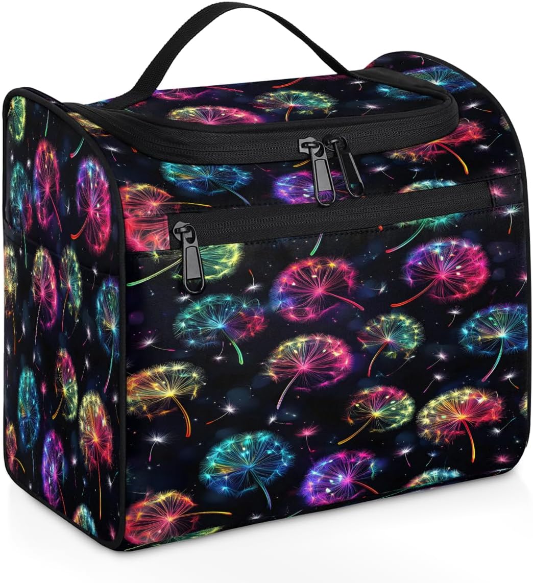 cfpolar Toiletry Bag for Women, Glowing Dandelion Hanging Travel Toiletry Bag, Water-resistant Cosmetic Makeup Organizer for Toiletries and Cosmetics, Bathroom Shower Bag with Handle and Hook