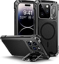 Lanhiem iPhone 14 Pro Metal Case [Tempered Glass Screen][Camera Stand] Military Grade Shockproof Cover for iPhone 14 Pro,Black