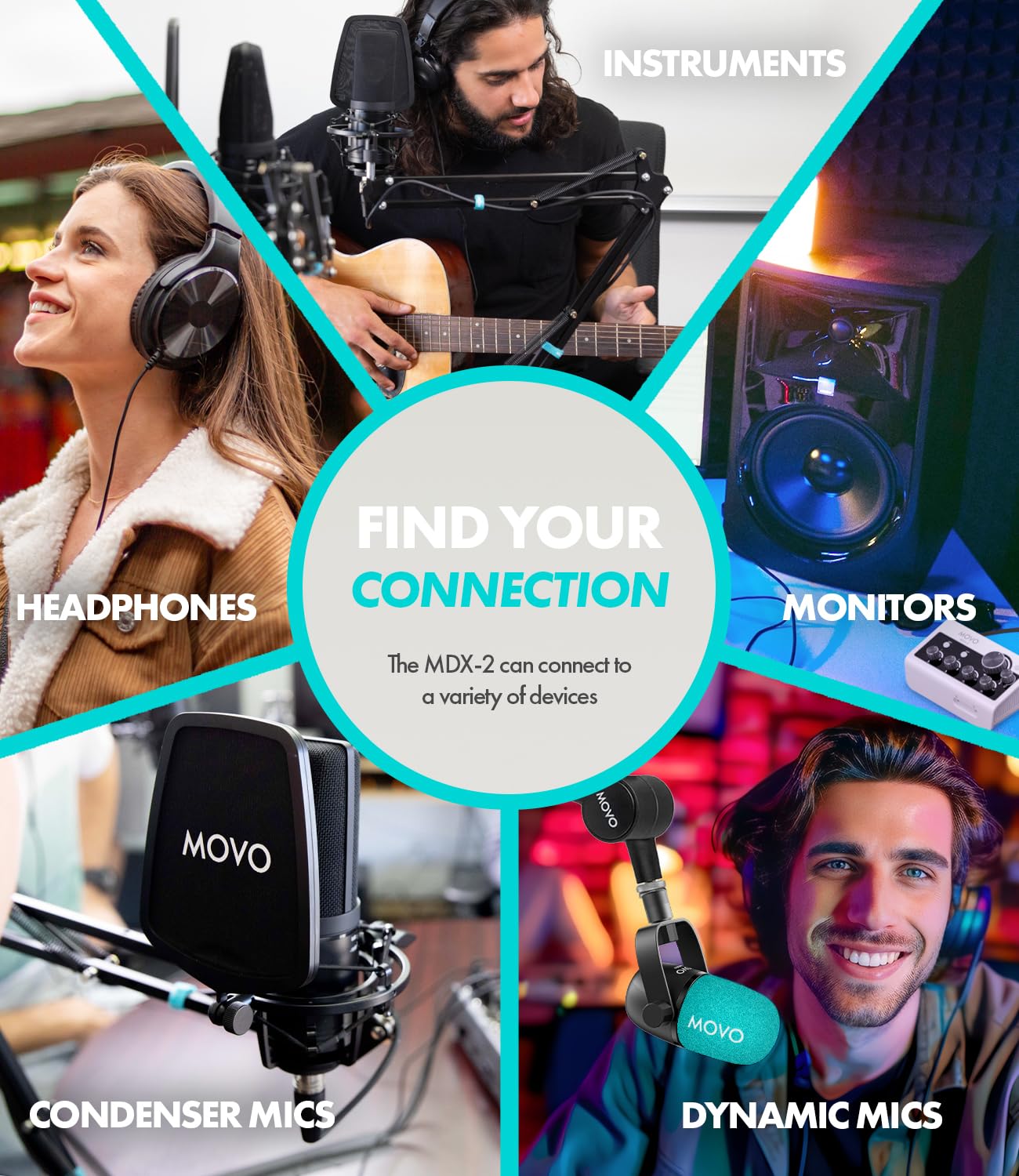 Movo MDX-2 - Interfaz de audio portátil de 2 canales, diseño compacto, funciona con pilas, compatible con PC, Mac, iPhone, iPad y Android, alimentación Phantom de 48 V, USB-A, USB-C y cables Lightning