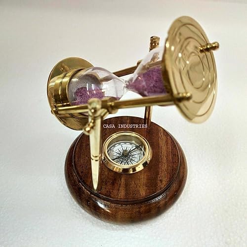 Miniatura 2 de 6 "latón antiguo giratorio arena temporizador reloj de arena base de madera brújula náutica regalo