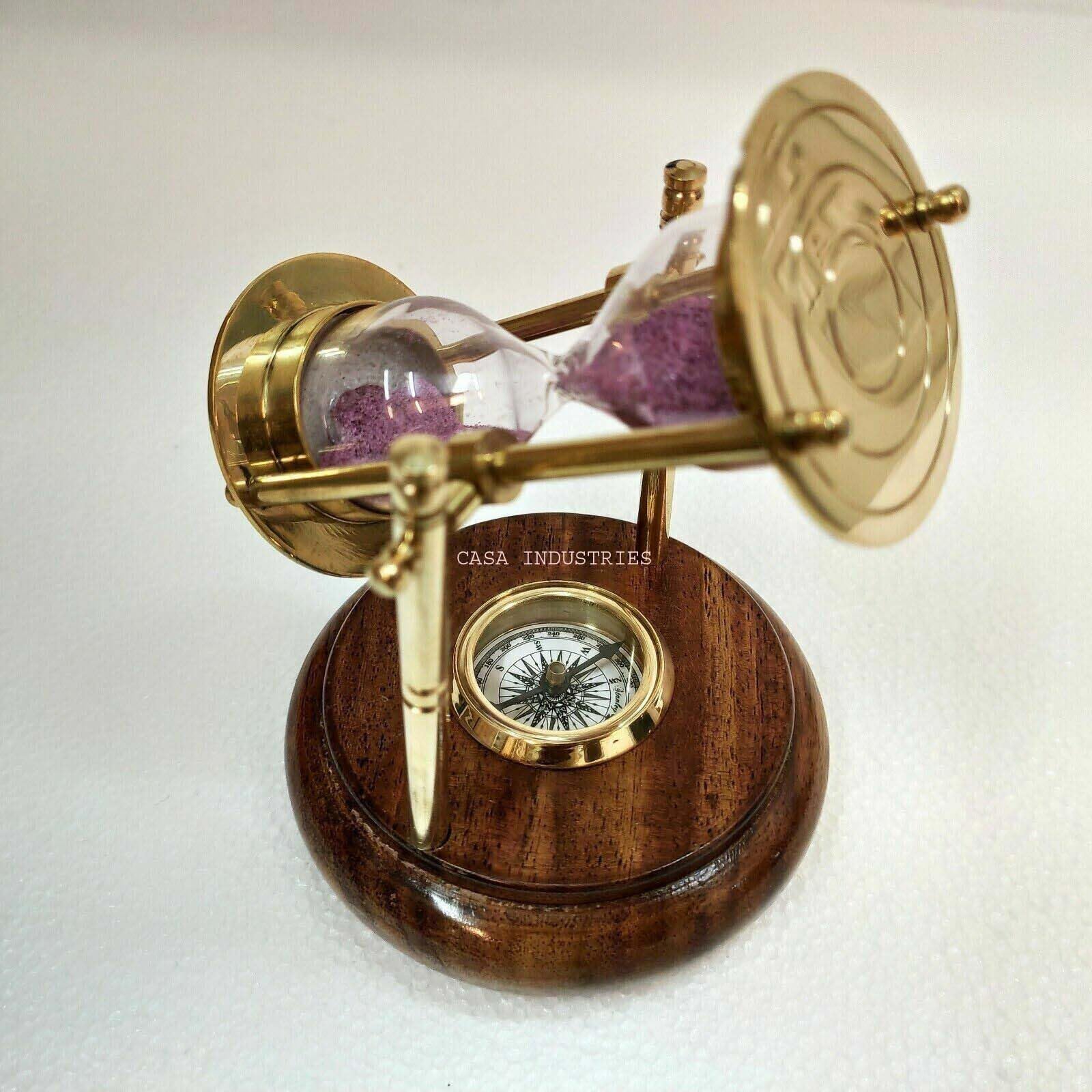 Reloj de arena giratorio de latón antiguo de 6 pulgadas, brújula con base de madera, regalo náutico