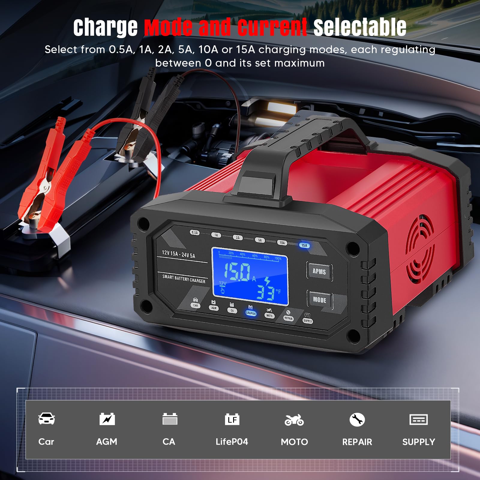 15A Cargador de Batería de Coche, 12V 24V LiFePO4 Cargador de Batería de Coche Portátil 10-Etapas Batería Inteligente para Coche, Camión, Moto, Cortacésped, Barco, Marina