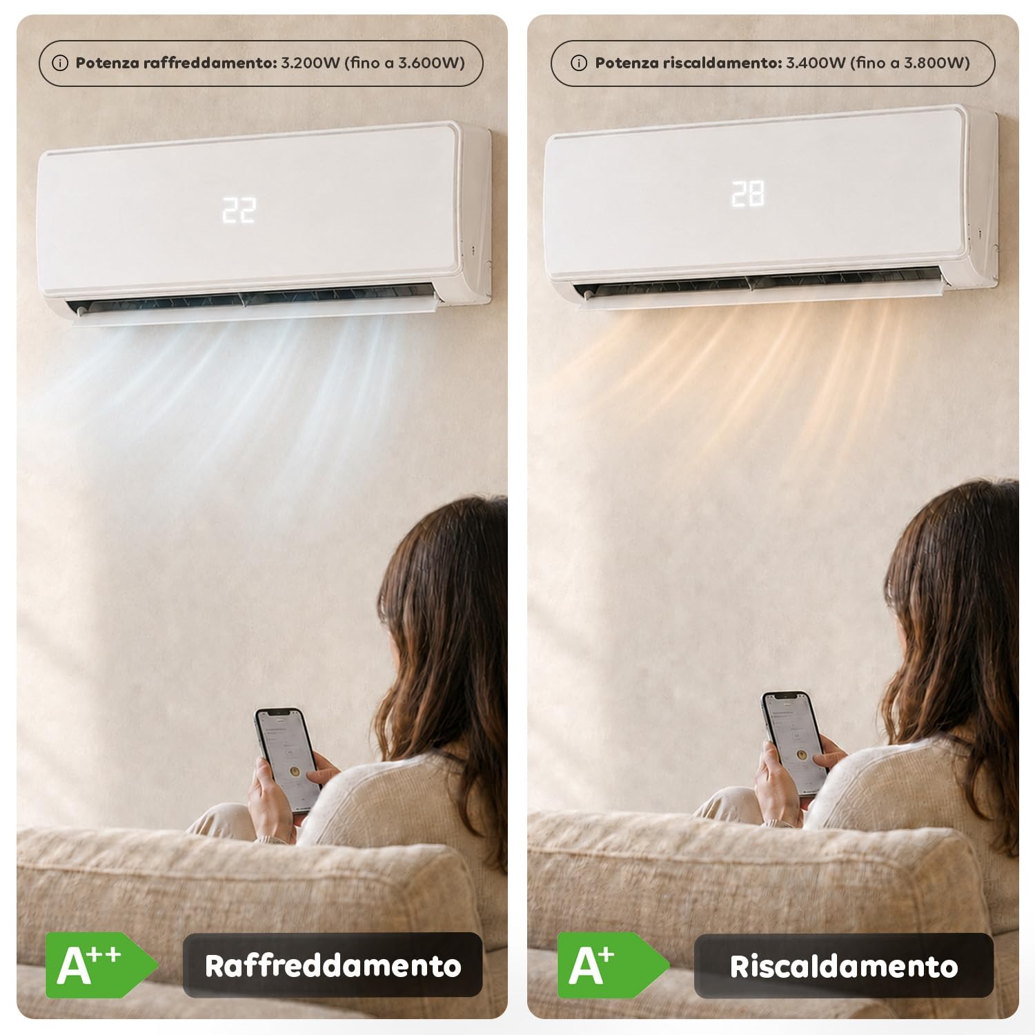 Wintem – Condizionatore 12000 BTU Inverter R32, Wi-Fi, A++/A+, Compressore GREE | Climatizzatore 12000 BTU Fisso, Pompa di Calore, 65 dB(A), Turbo, Sleep, Display LED