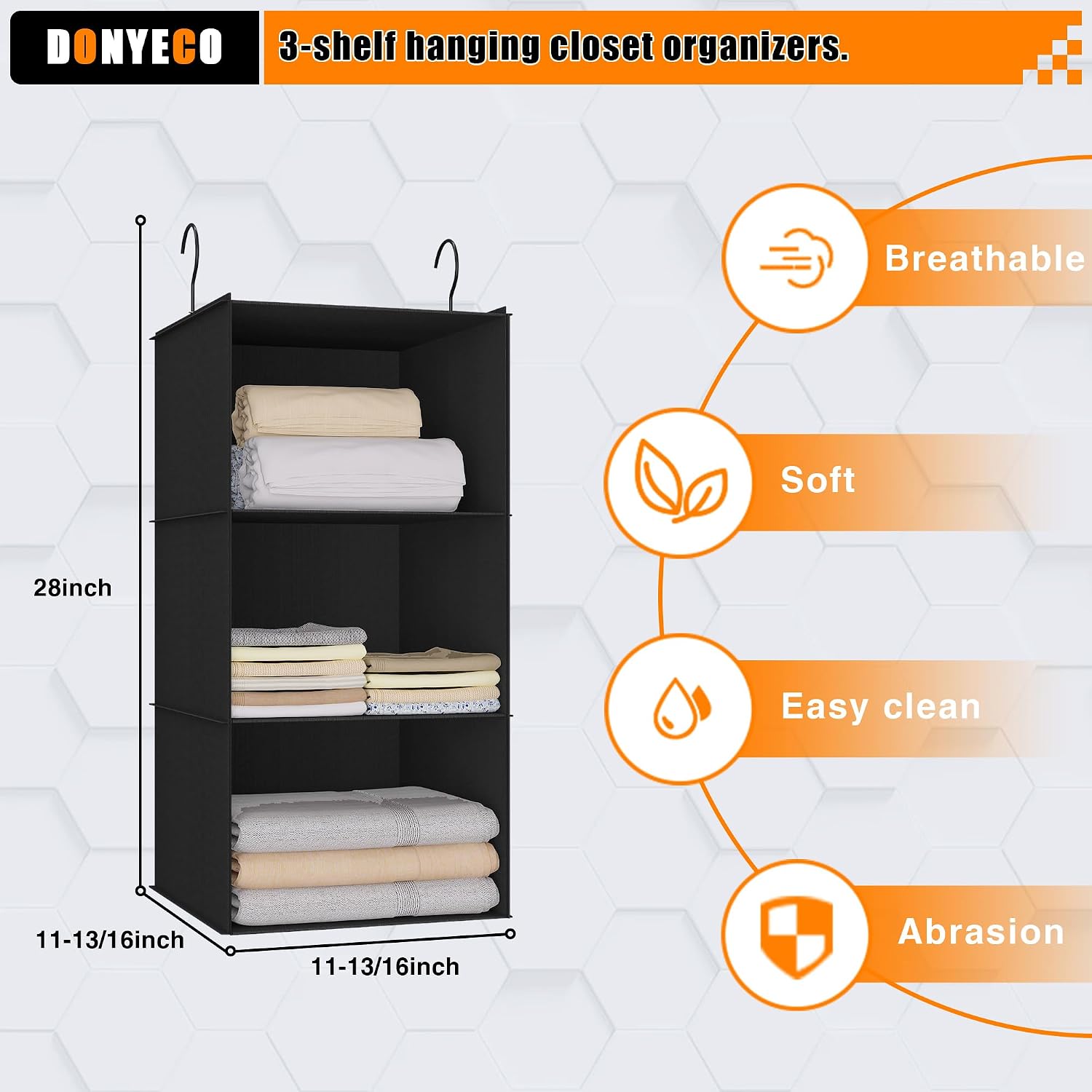 Hanging Closet Organizer 3-Shelf, Oxford Fabric Wardrobe Storage, Black image 3