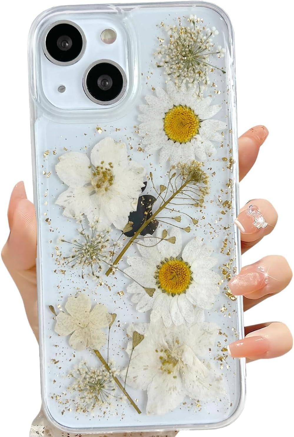 LSEEKA for iPhone 13 Mini/iPhone 12 Mini Clear Case with Pressed Real Flowers Design,Glitter Cute White Floral Pattern Slim Soft TPU Protective Women Girl's Phone Cover(5.4 inch)