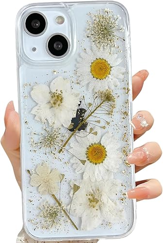 Miniatura 1 de Funda transparente para iPhone 13 MiniiPhone 12 Mini con diseño de flores reales prensadas, con purpurina, bonito patrón floral blanco, delgada,