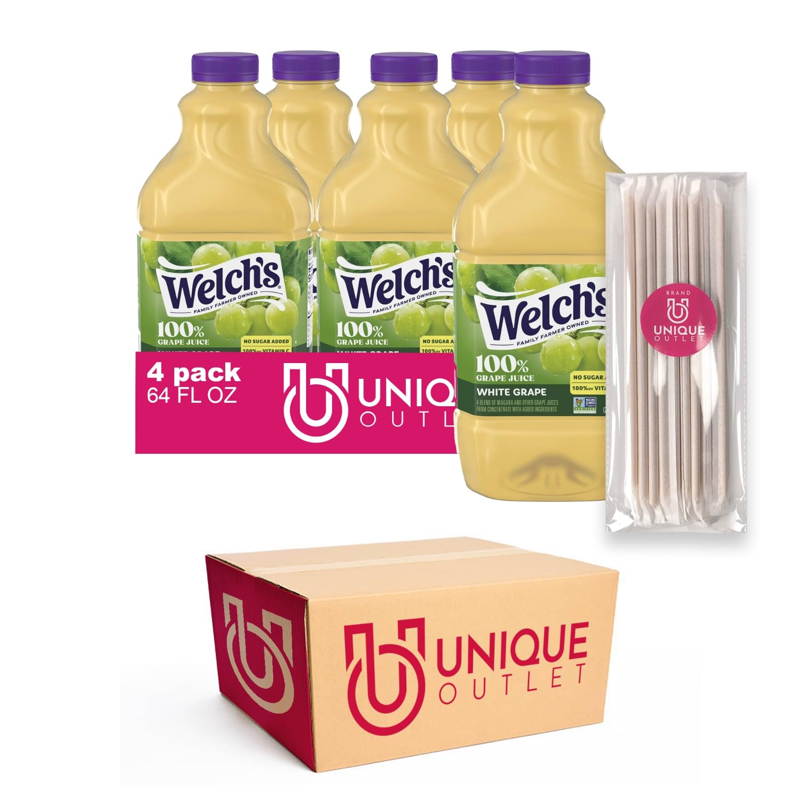 4-Pack of 100% White Grape Juice, 64 fl oz Plastic Bottle + 25 Sugarcane Food Grade Disposable Straws by Unique Outlet Brand