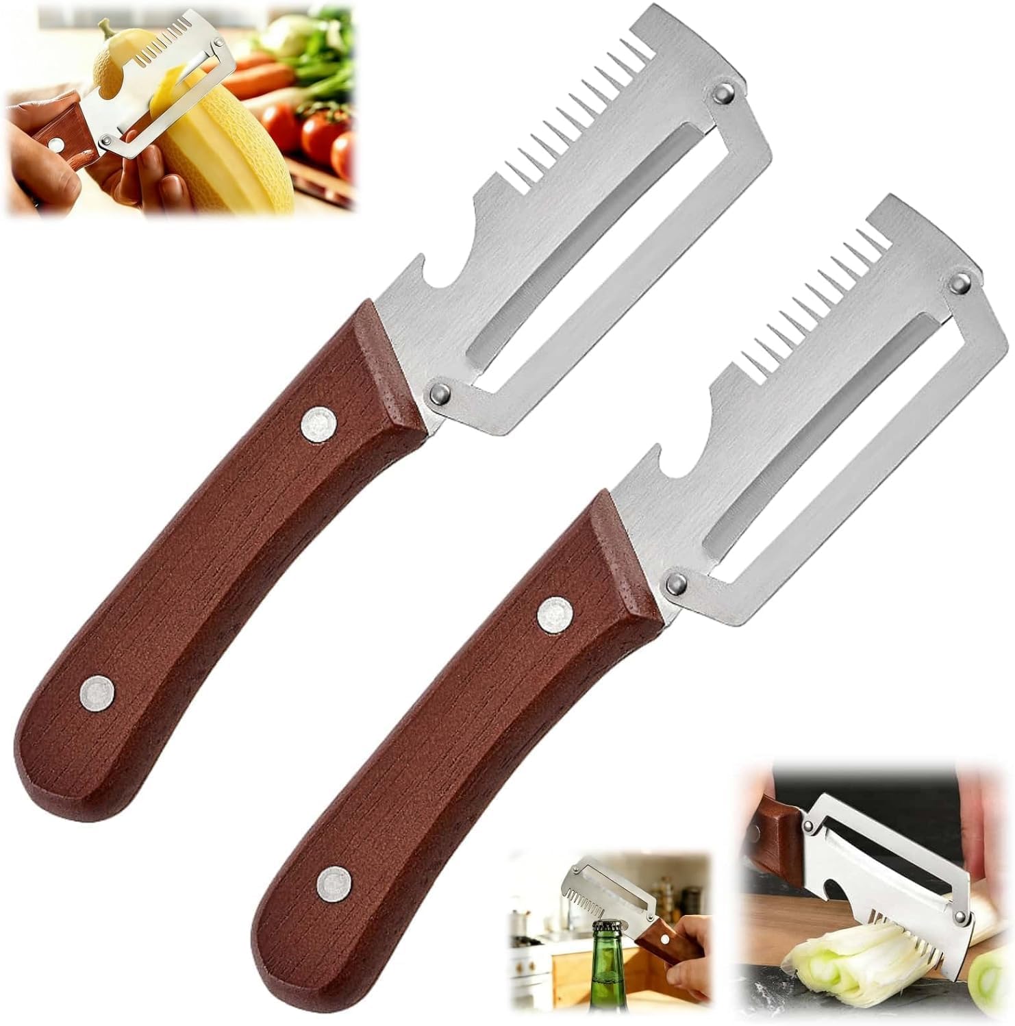 Photo 1 of 2-Pack Multifunctional Vegetable Peeler, 3 in 1 Kitchen Peeler with Wooden Handle, Grater & Bottle Opener for Potato, Carrot, Apple, Fruit & Vegetable (3 in 1)