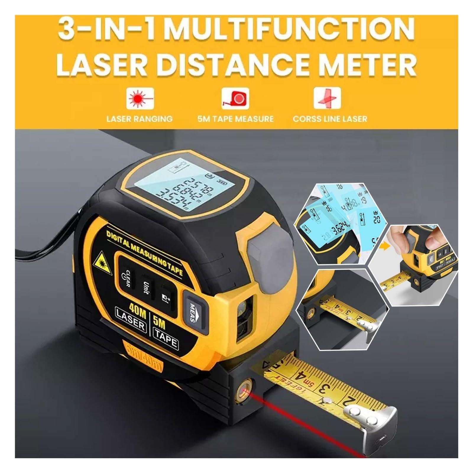 Telémetro láser 3 en 1, Regla de Cinta métrica 5m, Pantalla LCD con retroiluminación, medidor Volumen área Distancia, Dispositivo medición construcción Precisión Flexibilidad Medición
