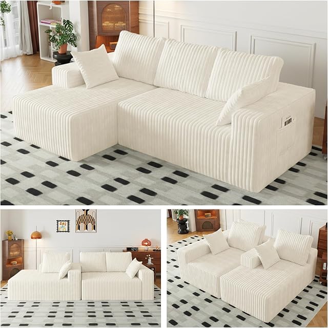 Cloud Coupes de section pour salon, Canapé convertible avec oreillers à lancer, Canape de section modulaire avec siège profond, pas d'assemblage requis, flexible (blanc, 94"+chaise face à gauche)