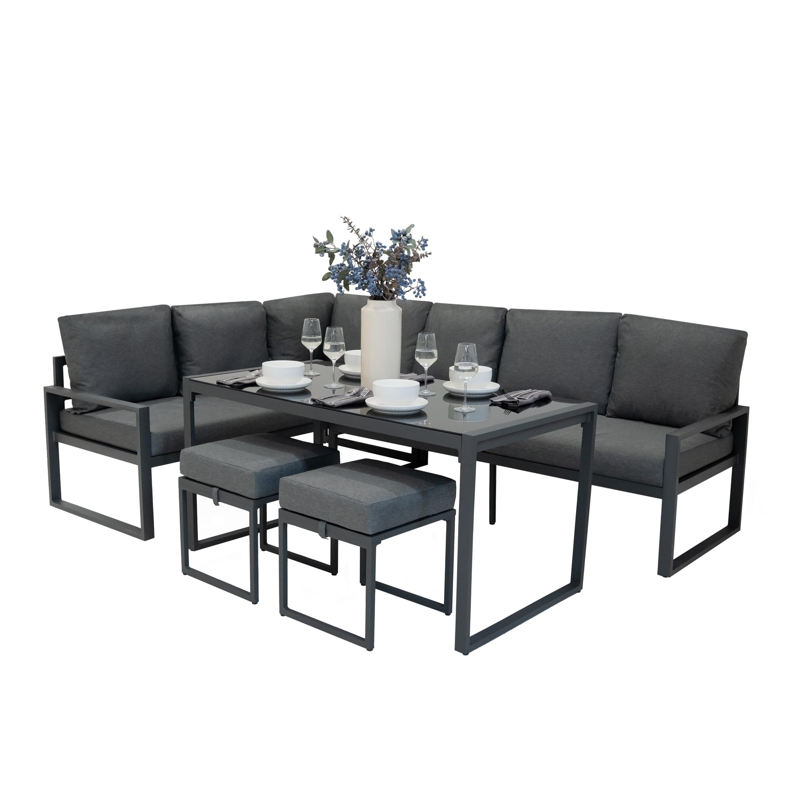 Conjunto Sofá Esquinero de Aluminio 7 plazas | Gris Antracita | Sofa + 2 Taburetes + Mesa con Tapa de Vidrio + Funda Impermeable | Cojines Lavables, Diseño Moderno y Resistente para Jardín Terraza