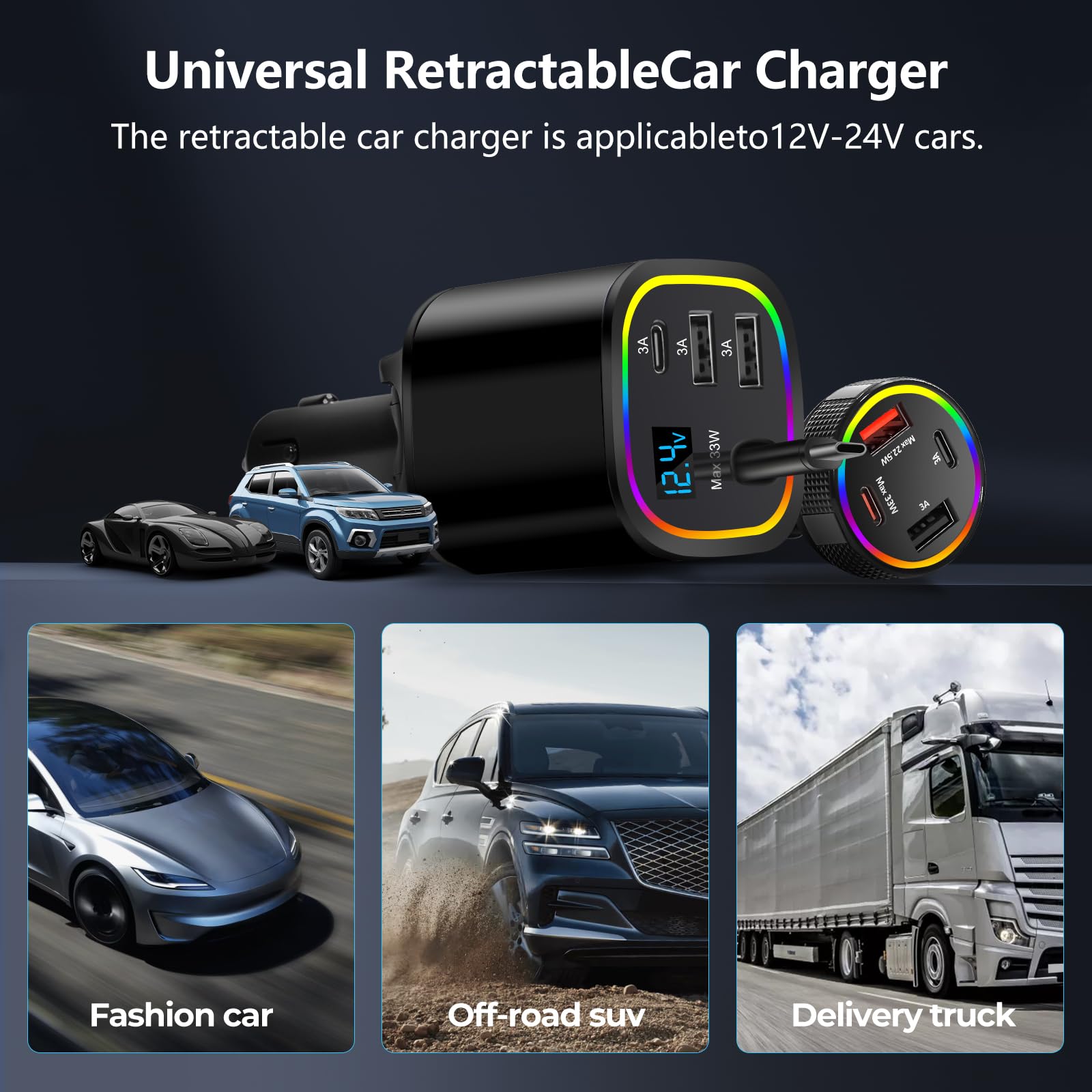 Ładowarka samochodowa USB C, 4 w 1, chowana, 78 W, szybkie ładowanie, ładowarka USB C, adapter typu C na L, do iPhone'a/Samsunga/iPada/Androida (czarna + czarna)