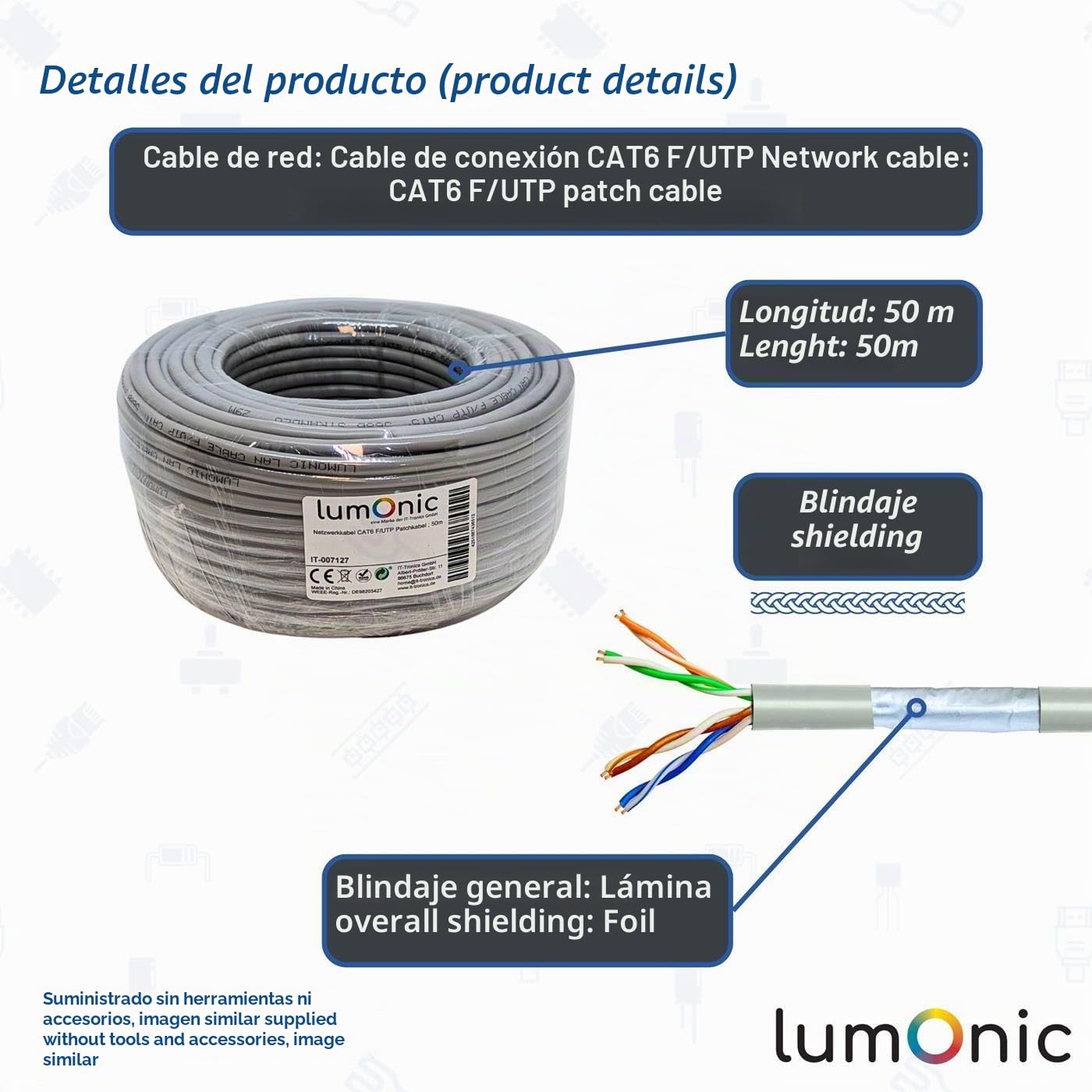 Lumonic 50m Cable de red CAT 6 F/UTP I Cat6-cable, Gigabit Lan Cable, Ethernet Cable I Cable de conexión flexible apantallado, para uso en interiores hasta 250 MHz
