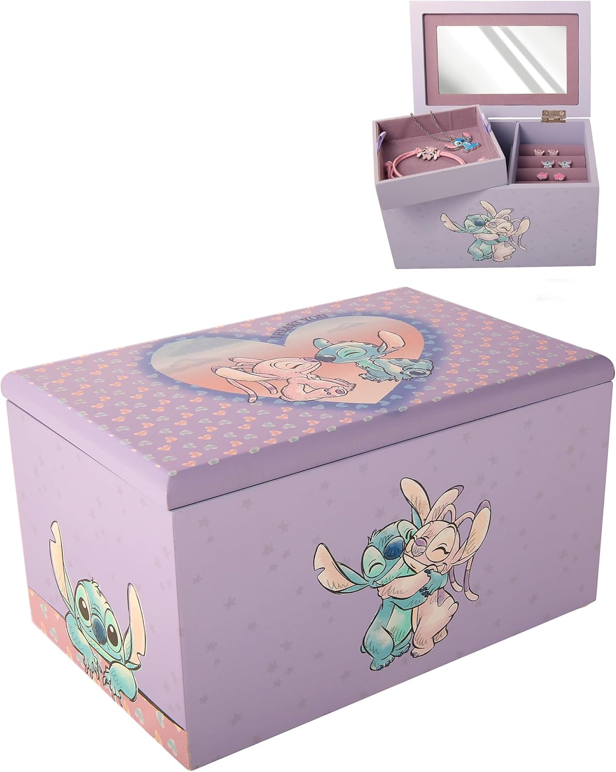 Disney Stitch and Angel Jewelry Box with Tray Official License, Wood Jewelry Organizer and Jewelry Case, Cute Gifts