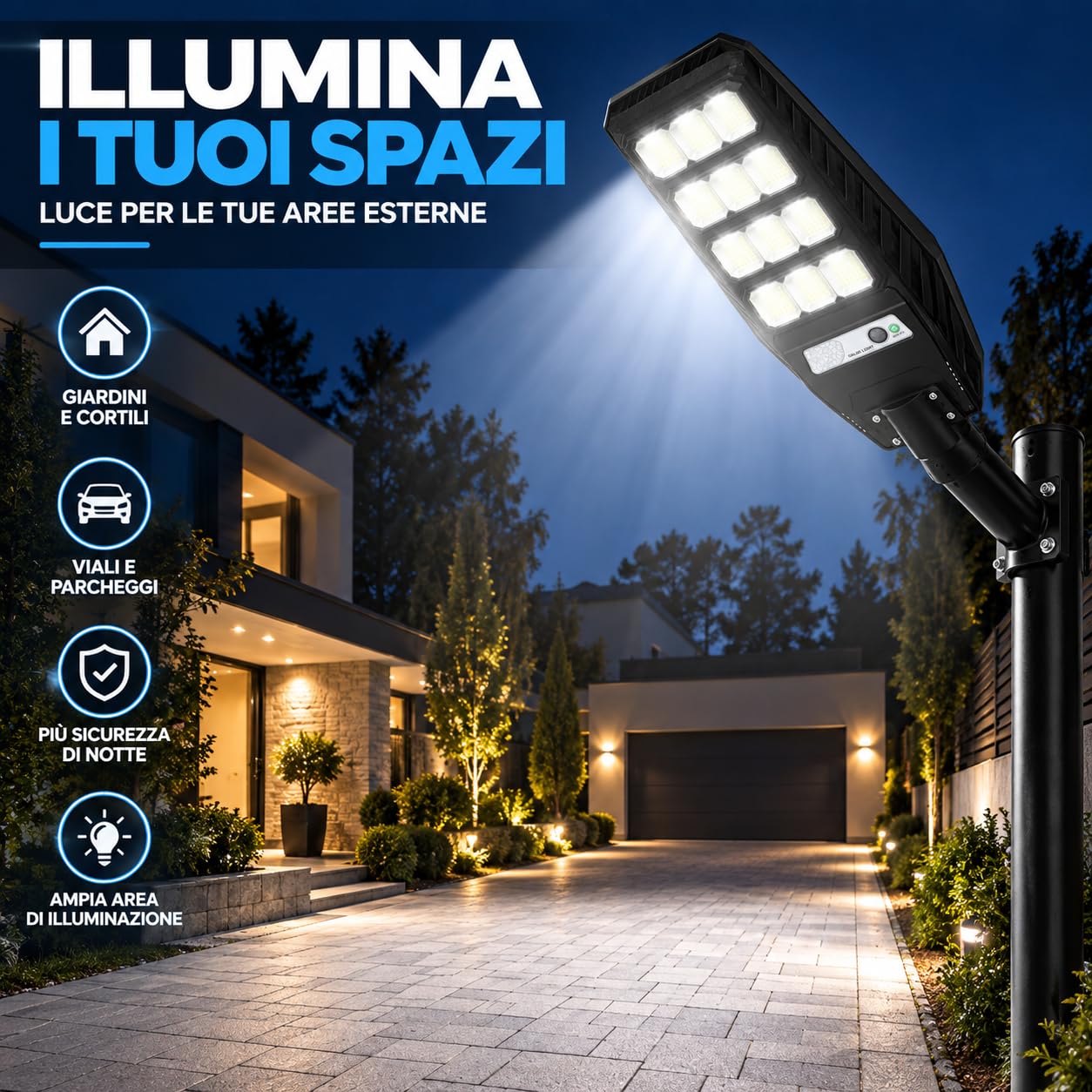 Lampione Solare LED 600W da Esterno, Sensore di Movimento, Telecomando, IP65