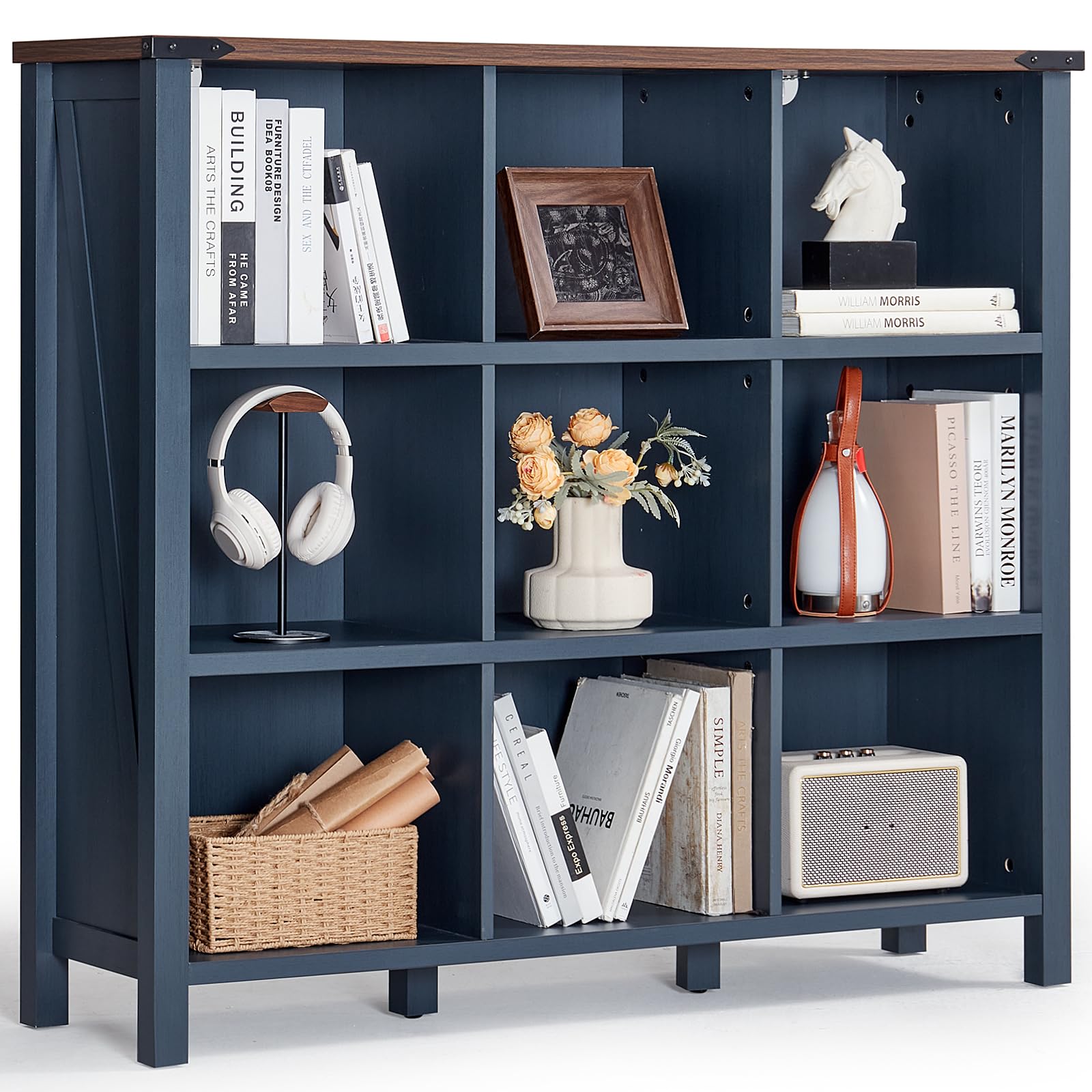 Joaxswe 9 Cube Bookcase, Farmhouse 47 Inch Wide Navy Blue Bookshelf, Wooden 3 Tier Display Large Open Book Shelf, Vintage Horizontal Book Case for
