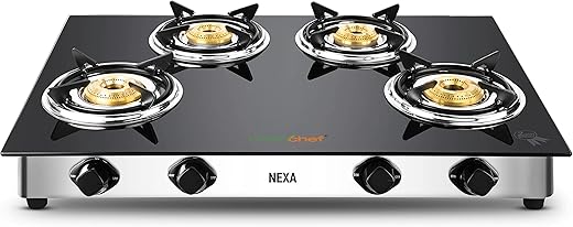 7. GREENCHEF Stainless Steel Nexa 4 Burner Glass Top Gas Stove, Black, Manual