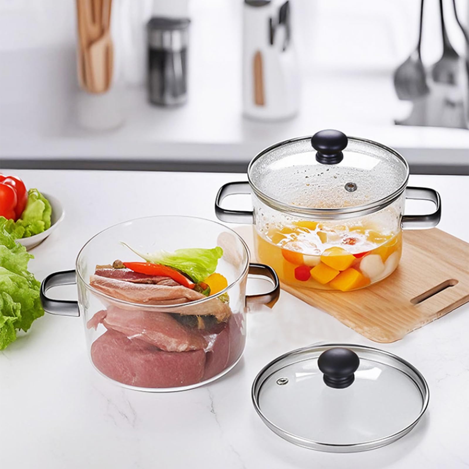 Kochtopf aus Glas mit Deckel, 1,6 l, transparenter Kochtopf für Nudeln, Milch, Suppe