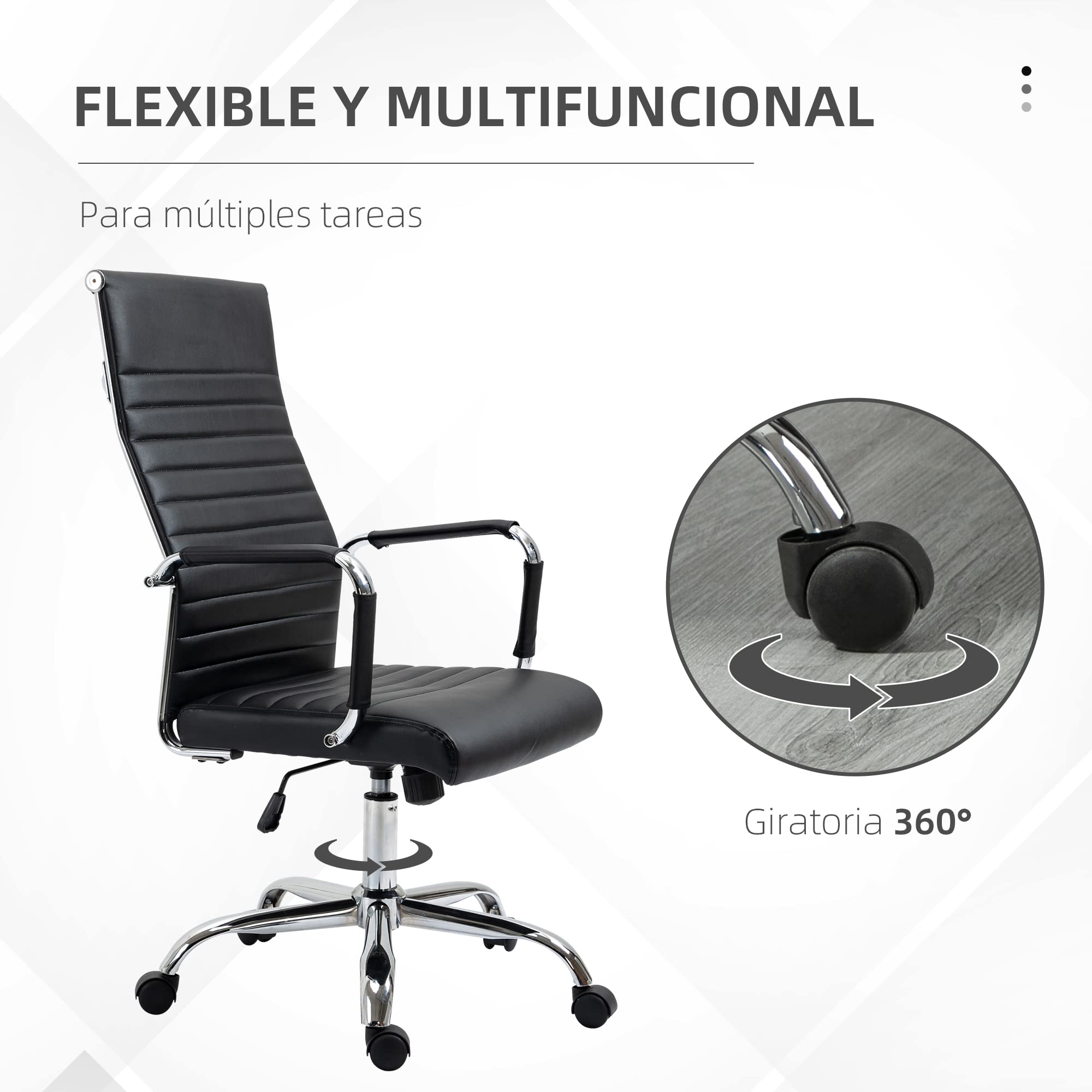 Vinsetto Silla de Escritorio Giratoria con Respaldo Alto Ruedas Negro | Silla de Oficina, Ruedas Giratorias, Altura Ajustable, Función Basculante, Reposabrazos, Tapizado en Cuero Sintético