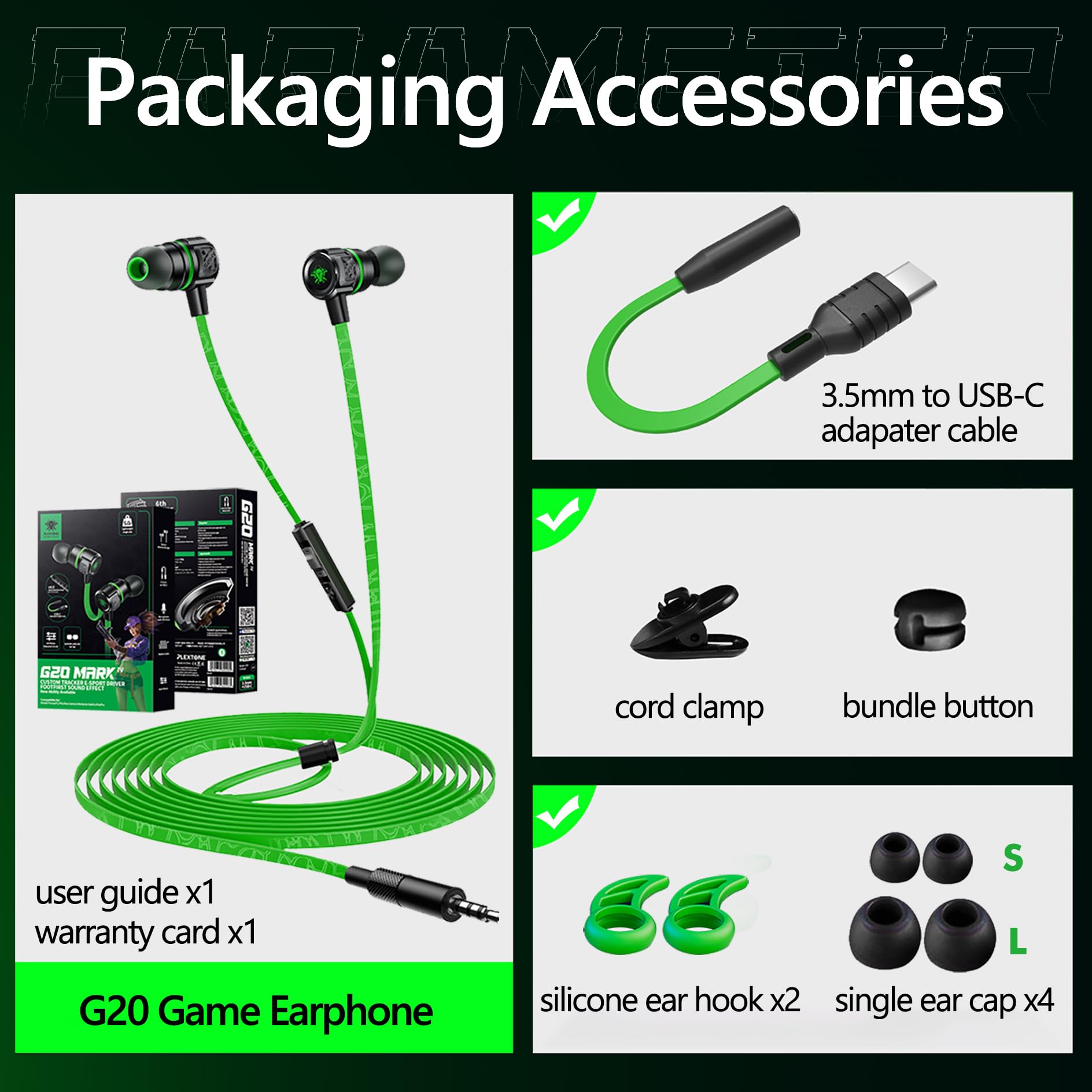 Écouteurs de Jeu, antibruit de Intra-Auriculaires écouteurs avec Micro câble Long de 86 Pouces d'extension de Cordon Adapteur PC Magnétique Oreillette pour iPhone, Ordinateur Portable, PSP - Vert