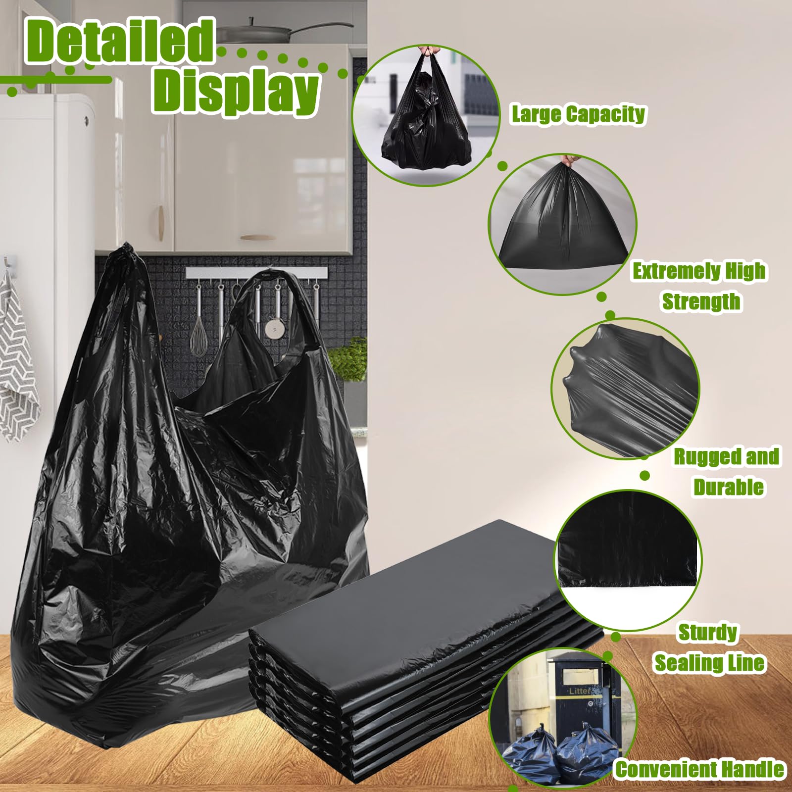 Retainbre Lot de 400 grands sacs d'épicerie noirs en plastique avec poignées, pour t-shirt, sacs de courses en vrac, 52,1 x 32 cm, 35 micros très résistants