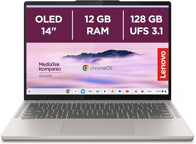 Lenovo Chromebook Plus Gen 10 - Ordenador Portátil 14'' WUXGA OLED (MediaTek Kompanio Ultra 910, 12GB RAM, 128GB UFS, ChromeOS)-Seashell+1 año de Google AI Pro con Gemini Pro y 5TB de Almacenamiento