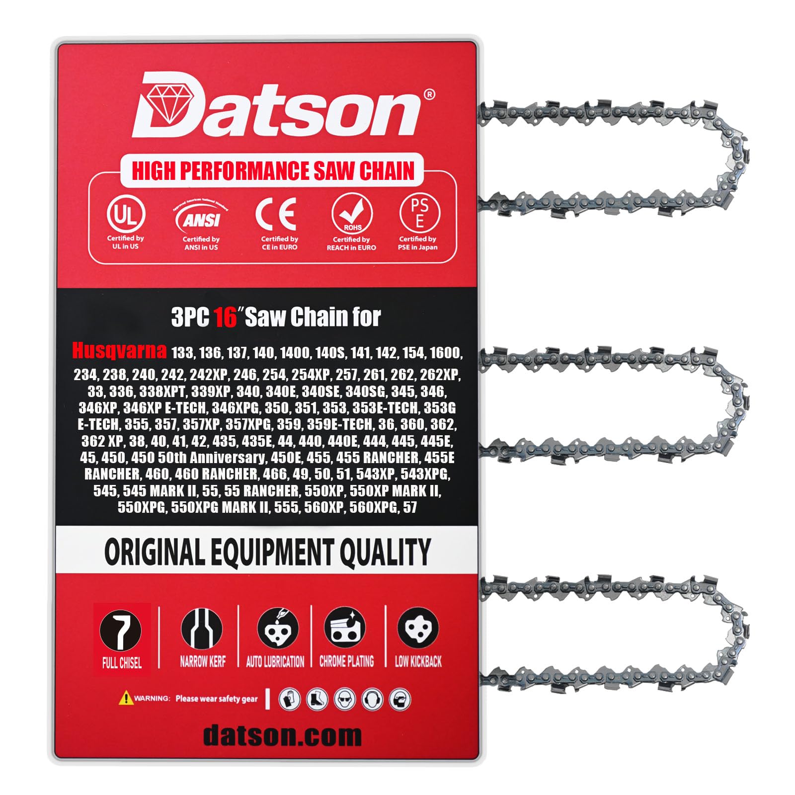 Cadena de motosierra de 16 pulgadas de repuesto para Shindaiwa 377, 415, 416, 450, 451, 488, 500, 502s, Remington LOGGER, PL-4, PL-5, PL-55, Skil 1641, Stihl 024, 026 (3 cadenas)