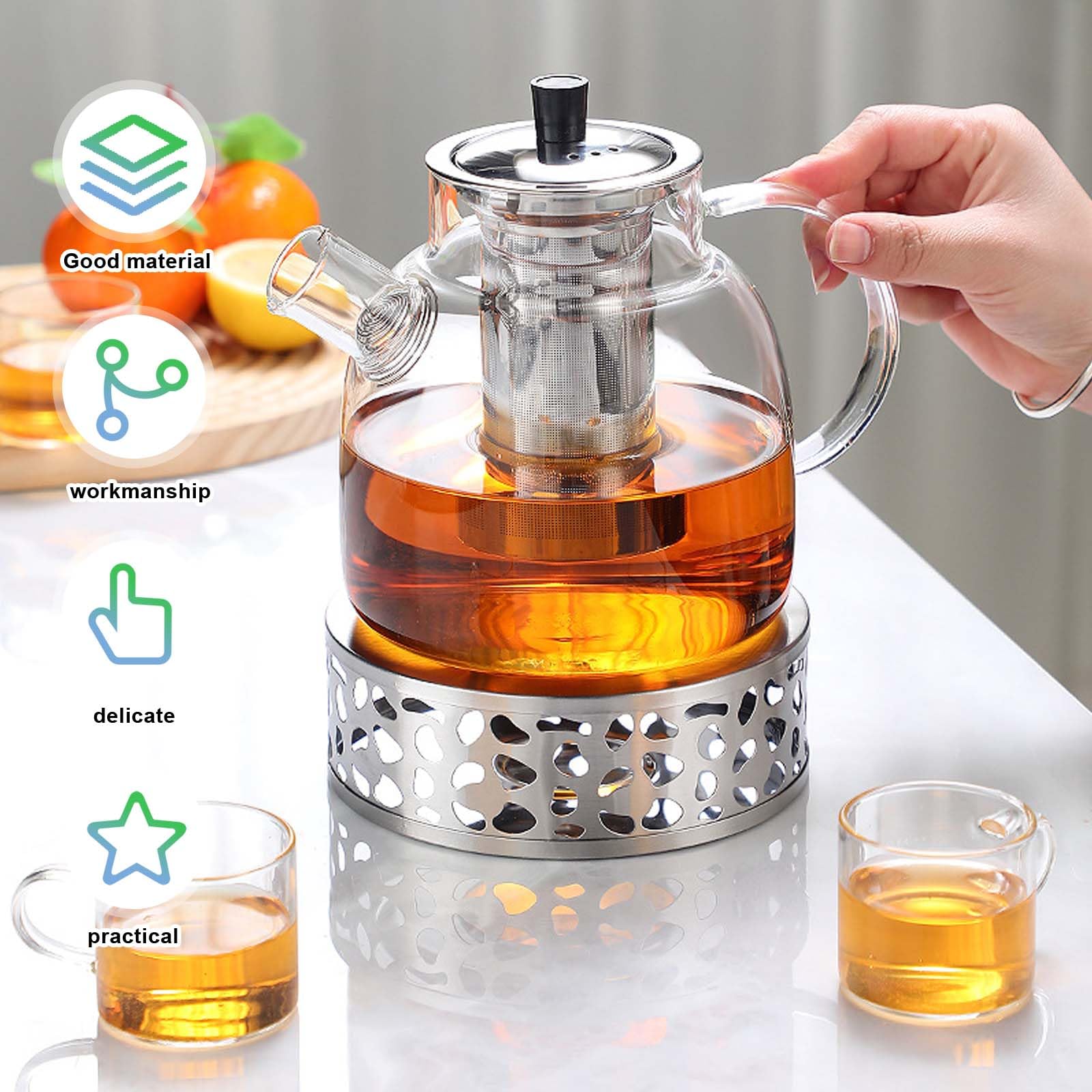 1.5L Teekanne mit Siebeinsatz und Deckel, Teekanne aus Glas Borosilikat, Glas Teebereiter mit Abnehmbare Siebeinsatz & Stövchen, Glasteekanne für Losen Tees Fruchttee Duftender Tee