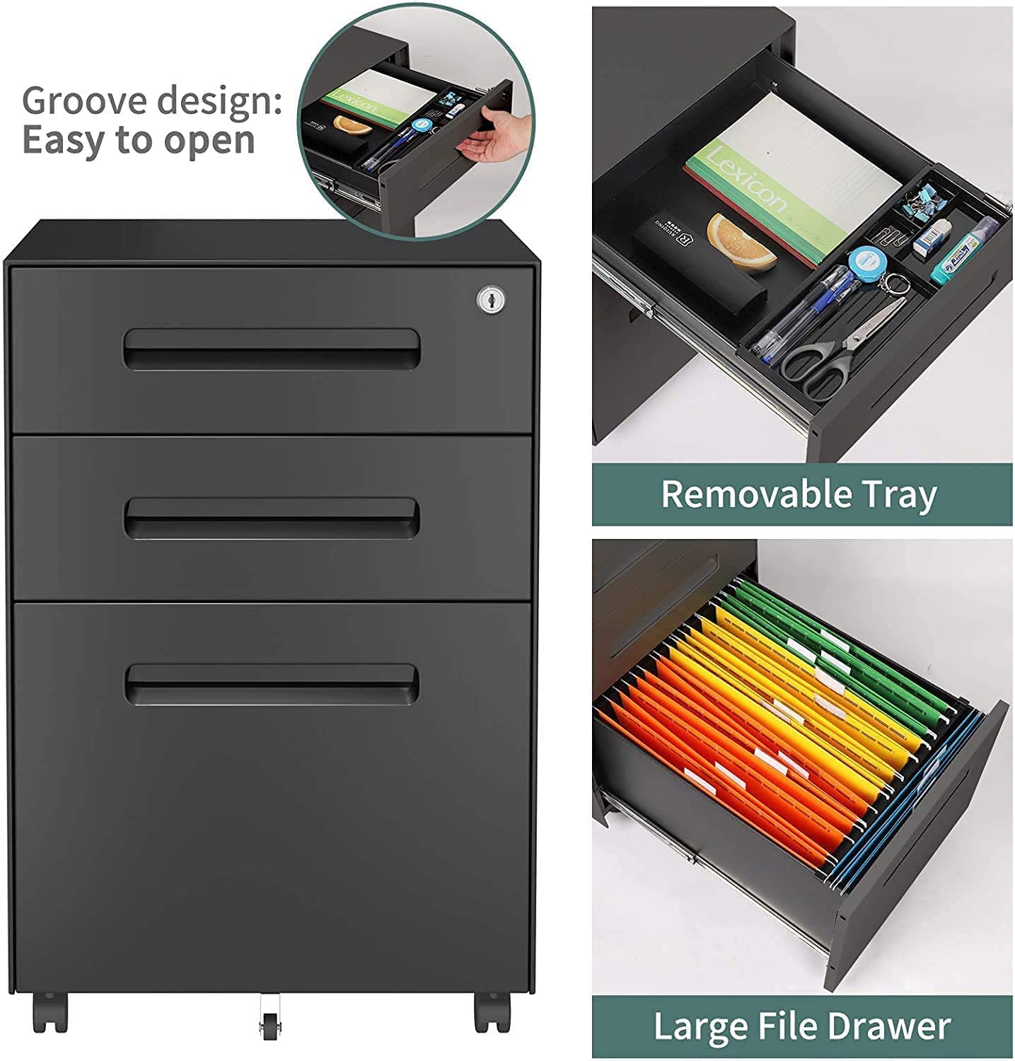 Dripex Metall Rollcontainer Stahl Rollcontainer mit 3 Schubladen und Hängeregistratur Abschließbarer Büroschrank Bürocontainer 5 Räder Aktenschrank 39 x 45 x 60 cm
